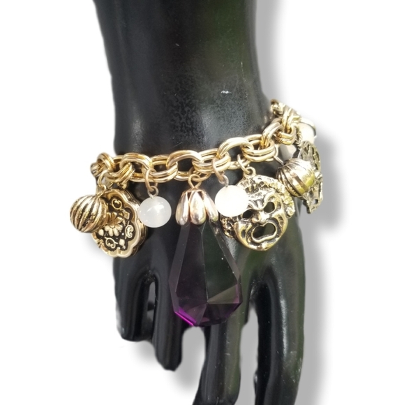 1950s GOLDTONE VENETIAN MASK THEATRICAL STATEMENT CHARM BRACELET - Picture 1 of 9